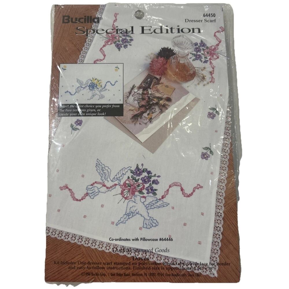 Vtg Bucilla Stamped Cross stitch Kit 64450 Dresser Scarf Doily Runner‎ Doves NWT